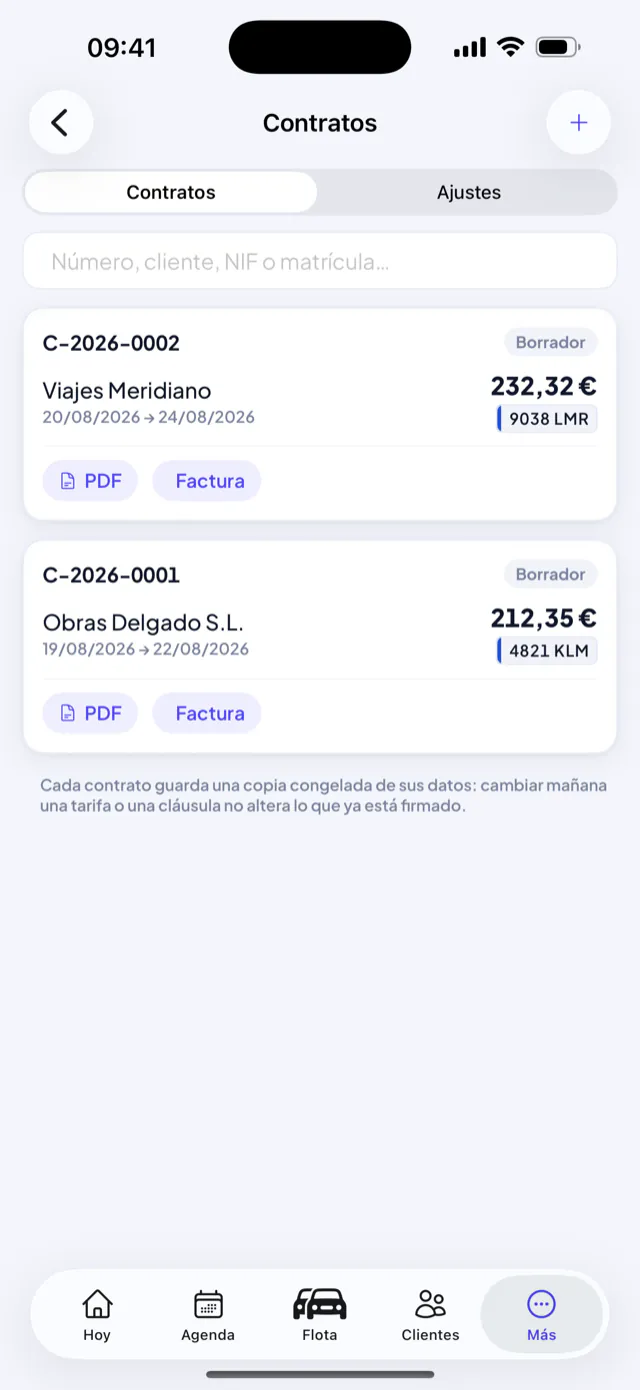 Contratos de alquiler con su PDF y su factura, listos para enviar.