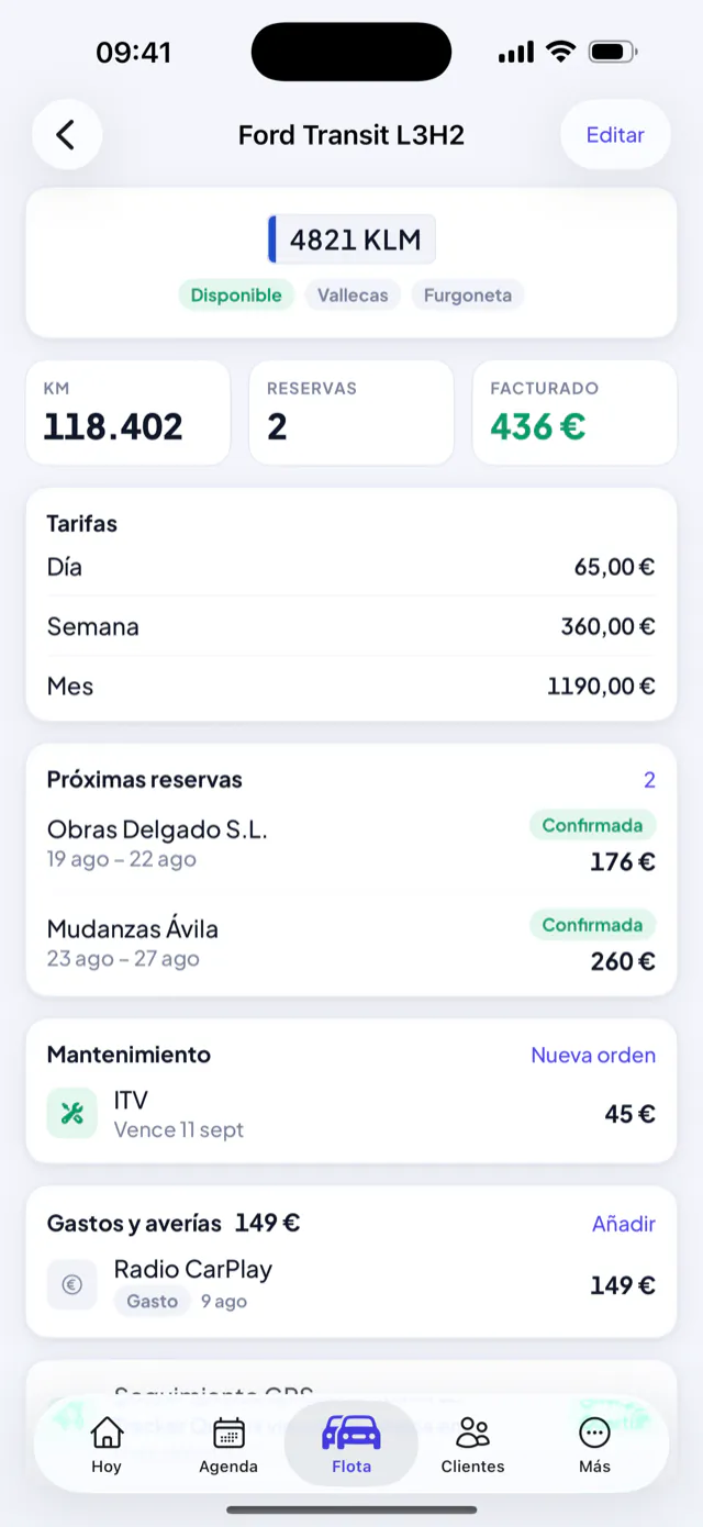 Tarifas, próximas reservas, ITV y gastos de un vehículo en una pantalla.